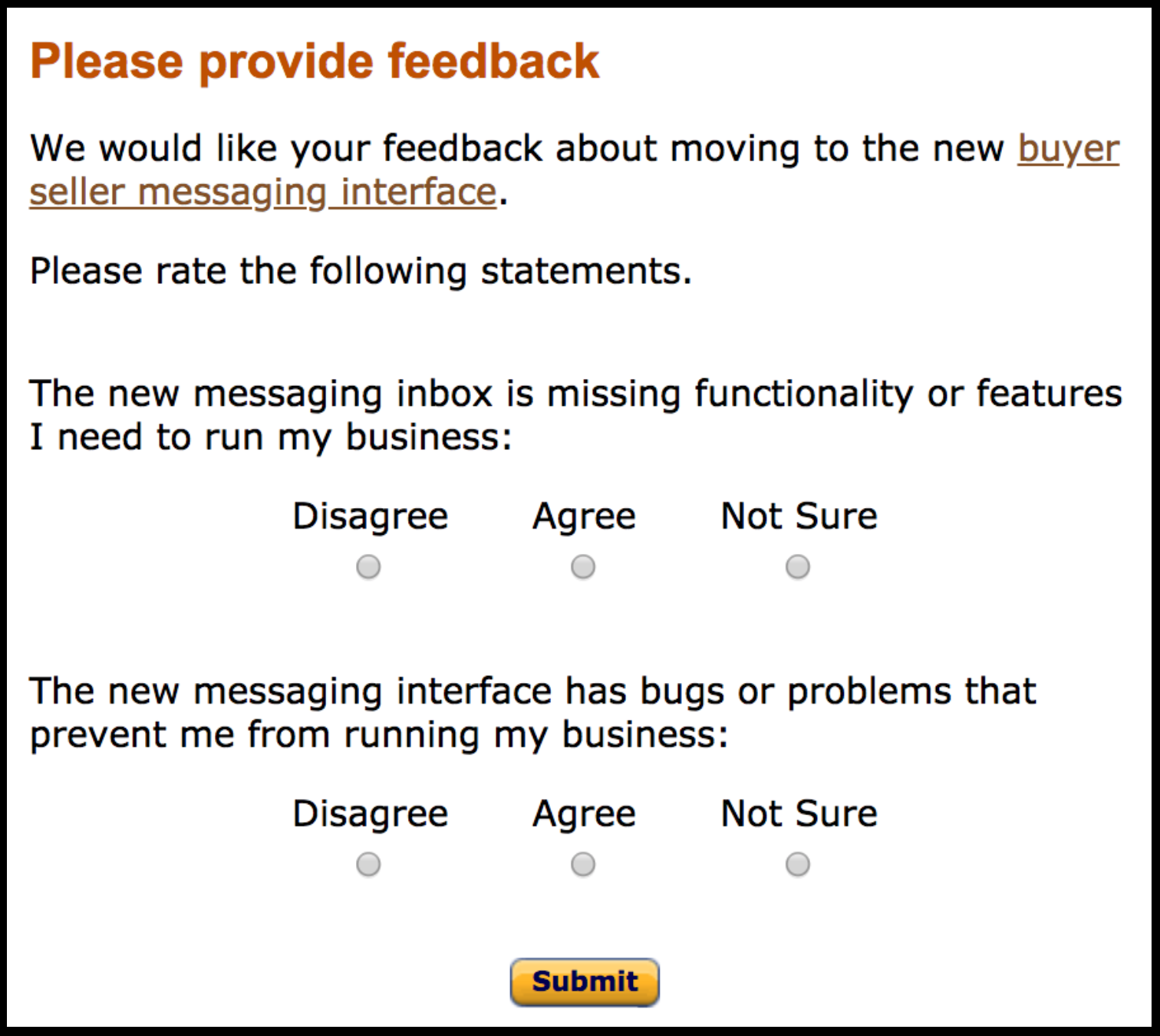 Amazon’s Buyer-Seller Messages interface UI survey