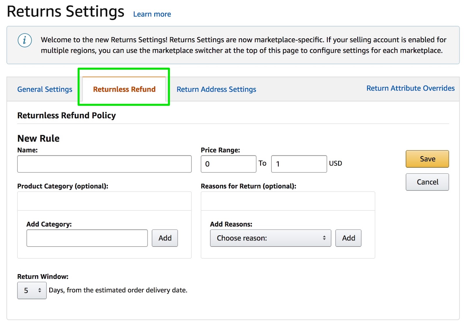 Returnless refunds for your seller-fulfilled orders may be configured in your Seller Central account.